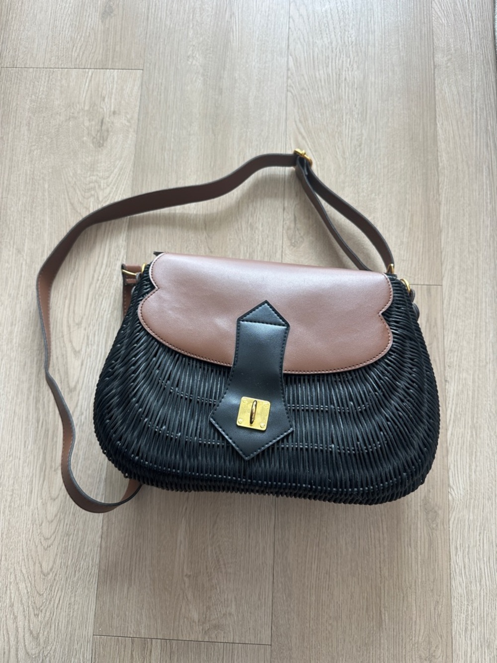 Black Woven Crossbody with Brown Flap and Gold Accent